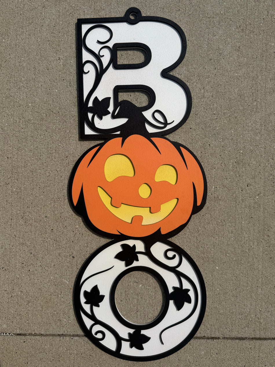 BOO! Pumpkin Stack Wooden Door Hanging Sign
